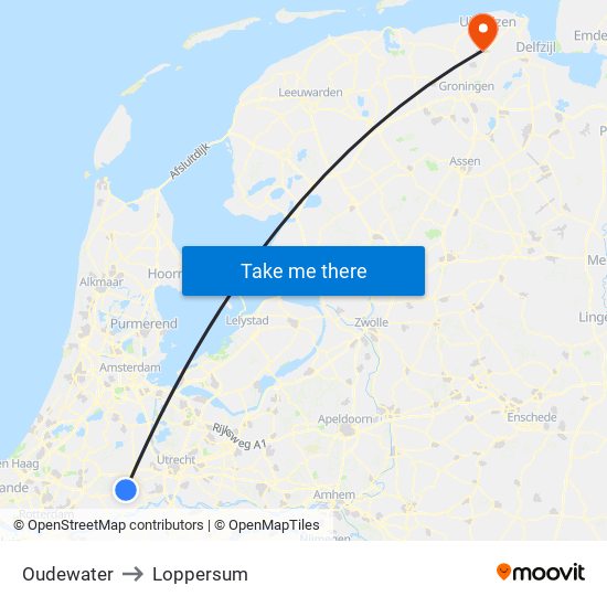 Oudewater to Loppersum map