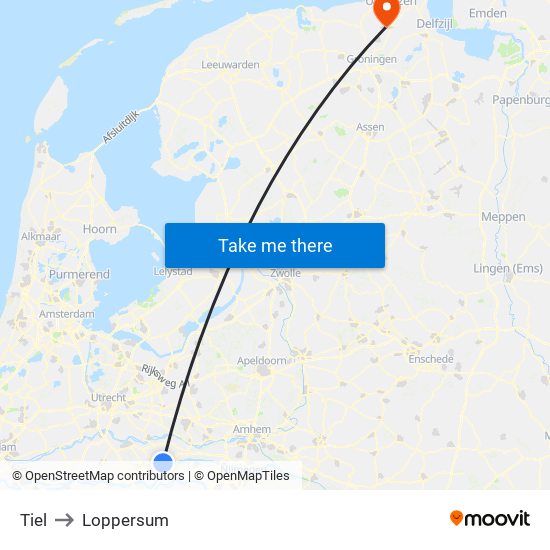 Tiel to Loppersum map