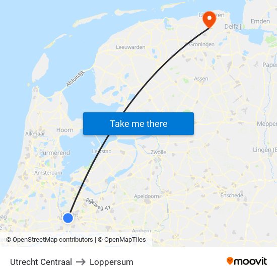 Utrecht Centraal to Loppersum map