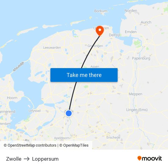 Zwolle to Loppersum map