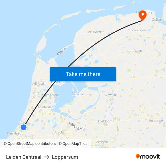 Leiden Centraal to Loppersum map