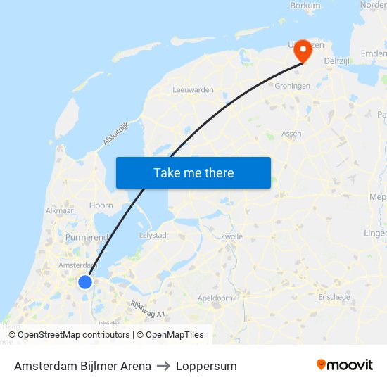 Amsterdam Bijlmer Arena to Loppersum map