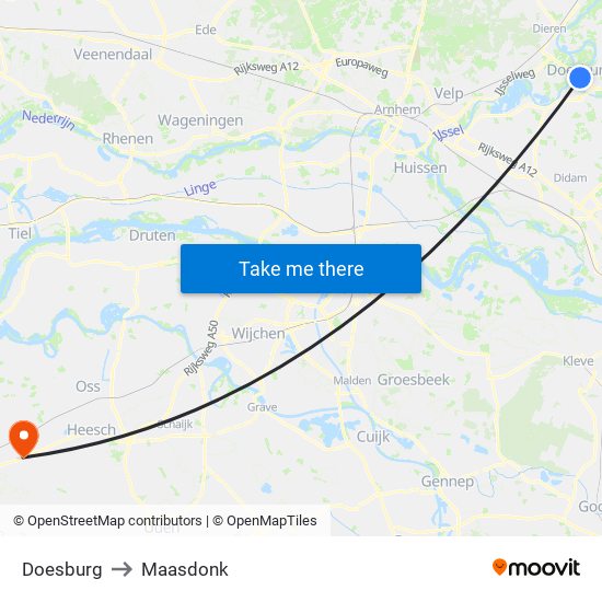 Doesburg to Maasdonk map