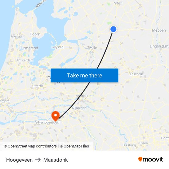 Hoogeveen to Maasdonk map