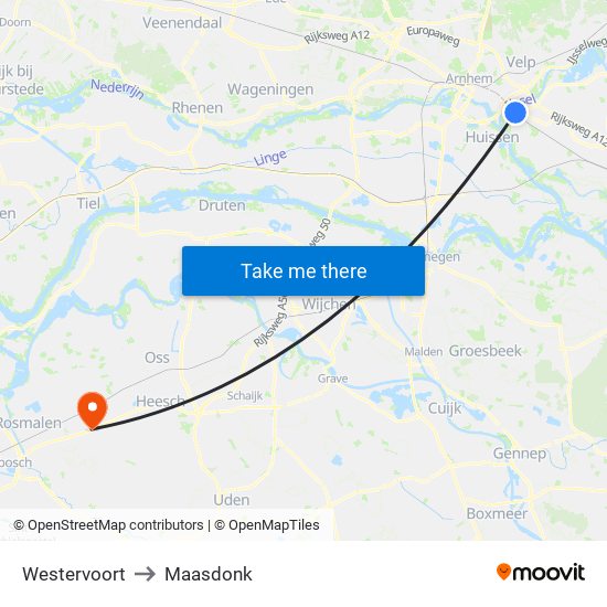 Westervoort to Maasdonk map