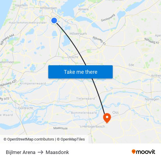 Bijlmer Arena to Maasdonk map