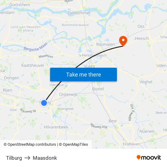 Tilburg to Maasdonk map