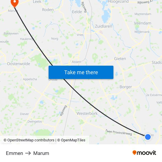 Emmen to Marum map