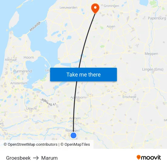 Groesbeek to Marum map