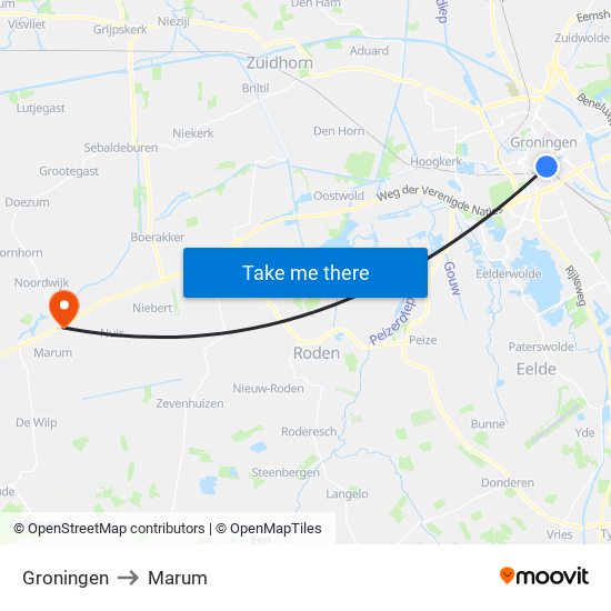 Groningen to Marum map