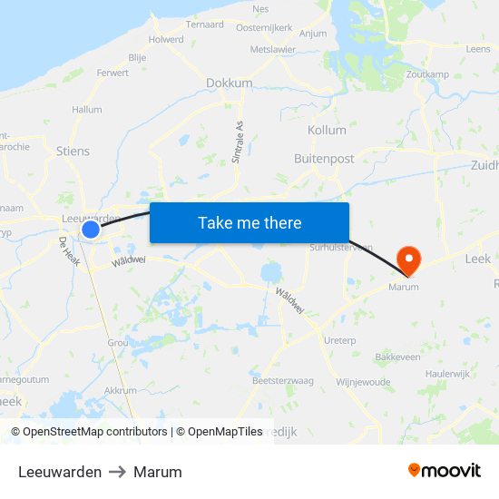 Leeuwarden to Marum map