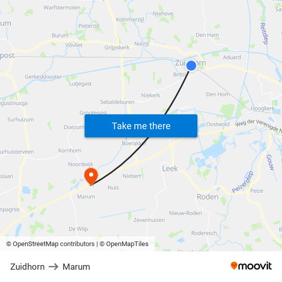 Zuidhorn to Marum map