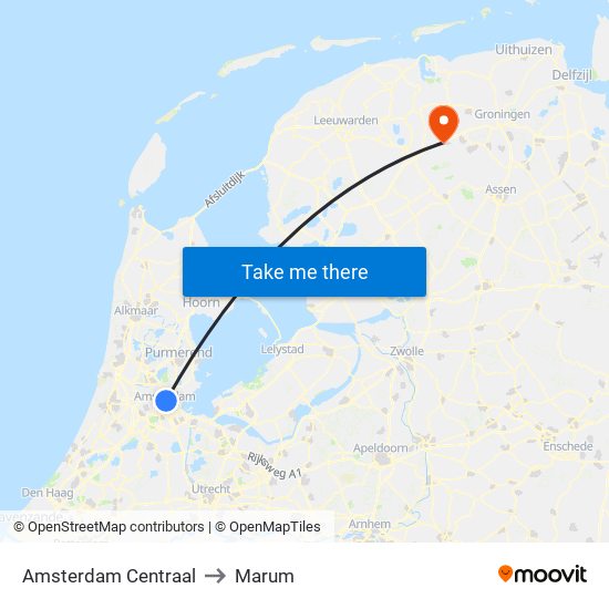 Amsterdam Centraal to Marum map