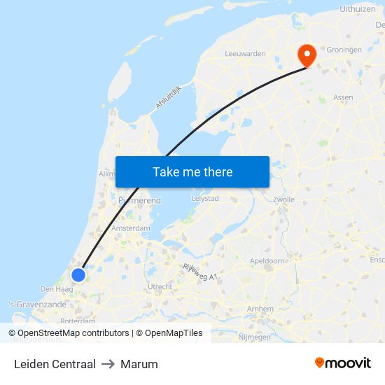 Leiden Centraal to Marum map