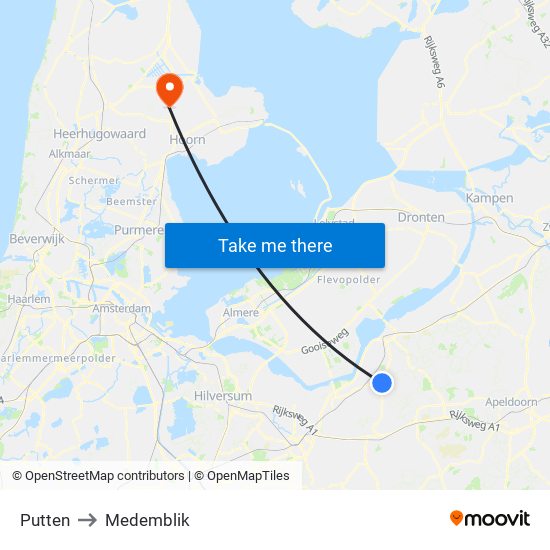 Putten to Medemblik map