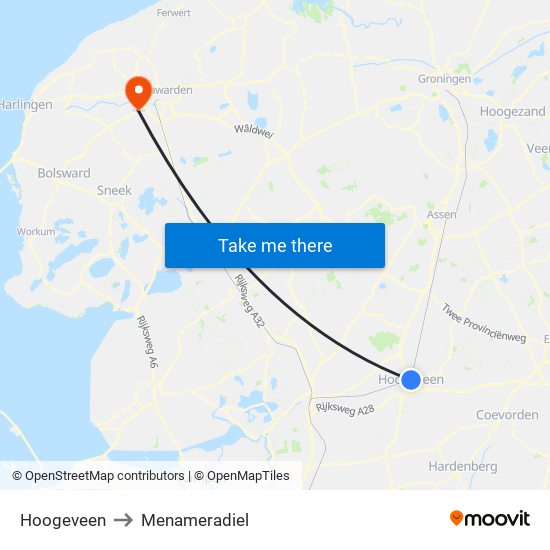 Hoogeveen to Menameradiel map