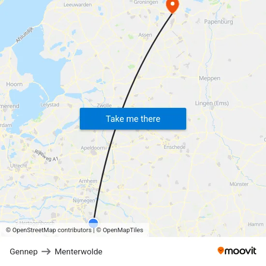 Gennep to Menterwolde map