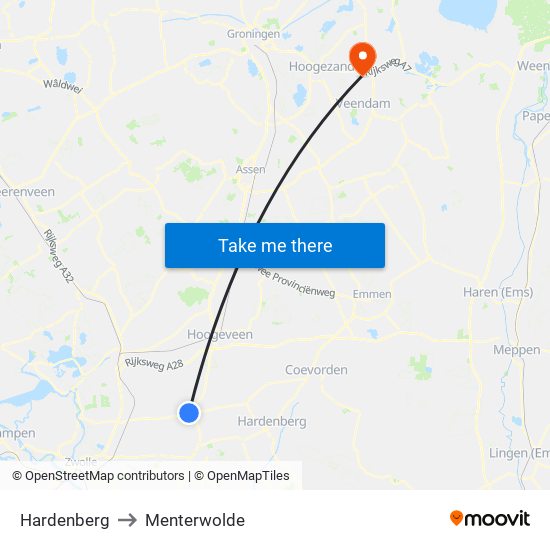 Hardenberg to Menterwolde map