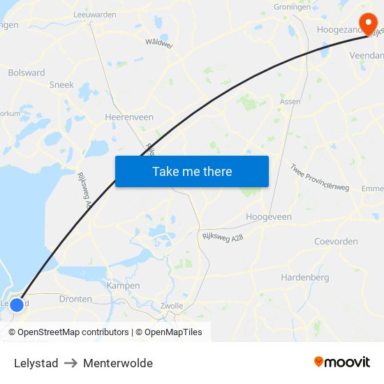 Lelystad to Menterwolde map