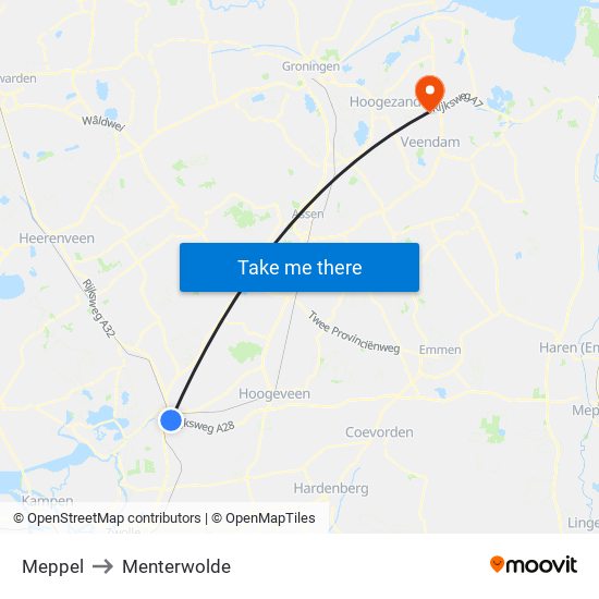 Meppel to Menterwolde map