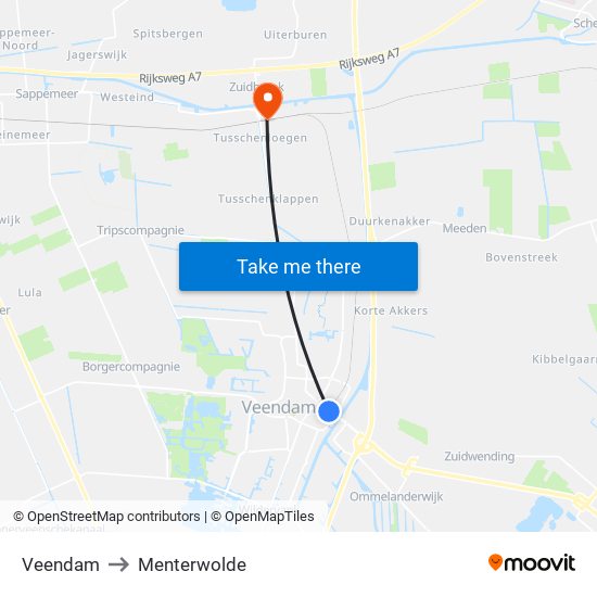 Veendam to Menterwolde map