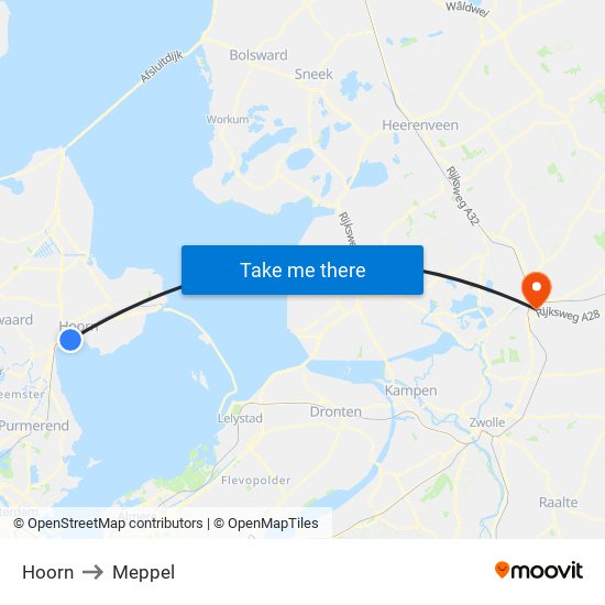 Hoorn to Meppel map