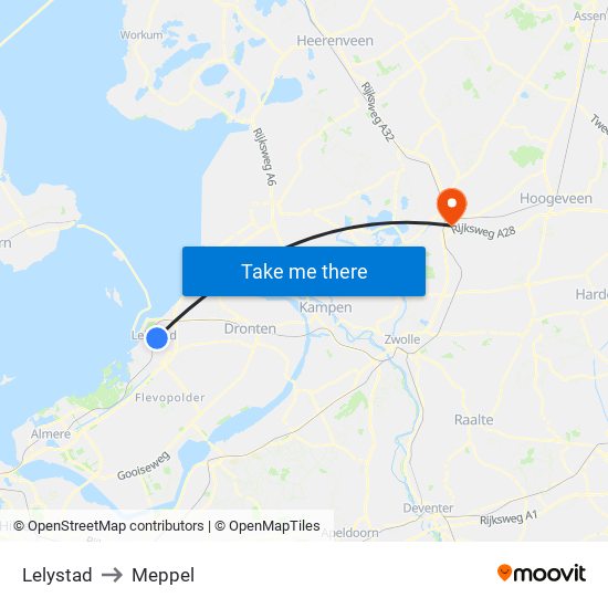 Lelystad to Meppel map