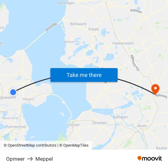 Opmeer to Meppel map