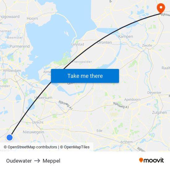 Oudewater to Meppel map