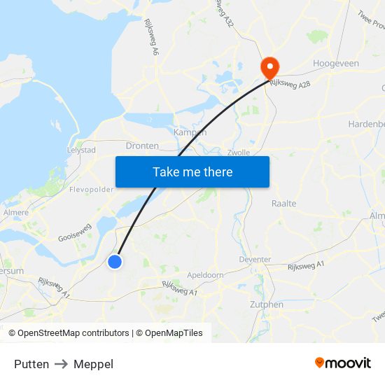 Putten to Meppel map