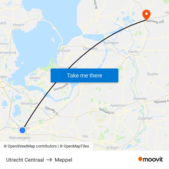 Utrecht Centraal to Meppel map