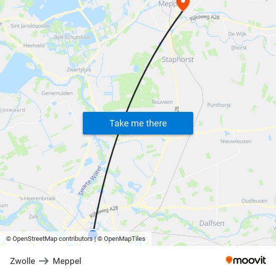 Zwolle to Meppel map