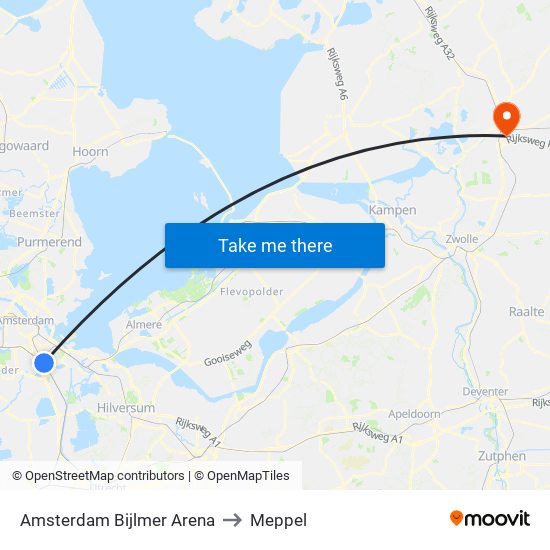 Amsterdam Bijlmer Arena to Meppel map