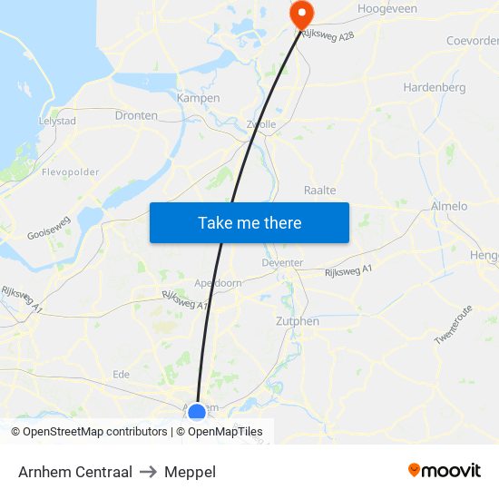 Arnhem Centraal to Meppel map