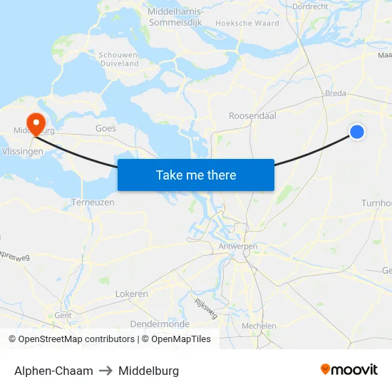 Alphen-Chaam to Middelburg map