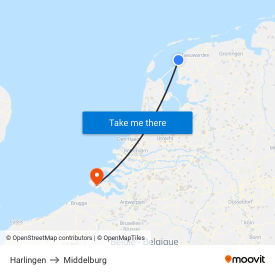 Harlingen to Middelburg map