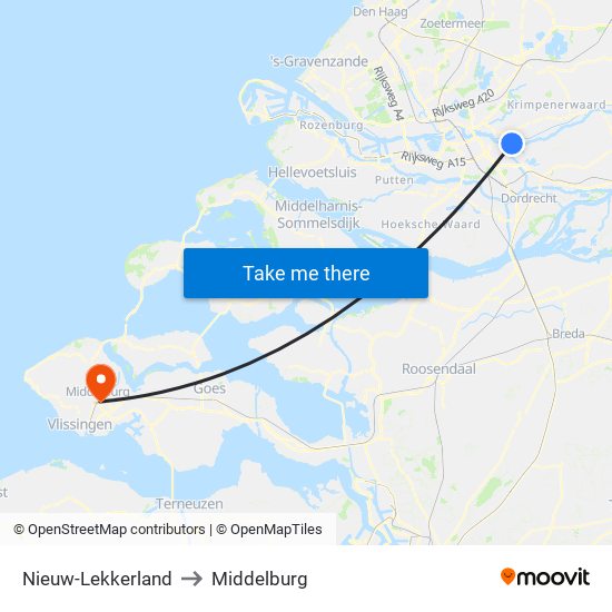 Nieuw-Lekkerland to Middelburg map