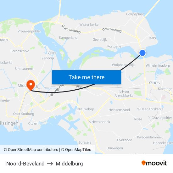 Noord-Beveland to Middelburg map