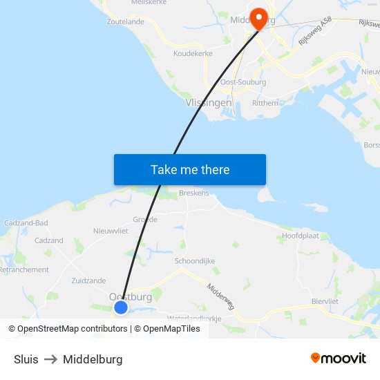 Sluis to Middelburg map