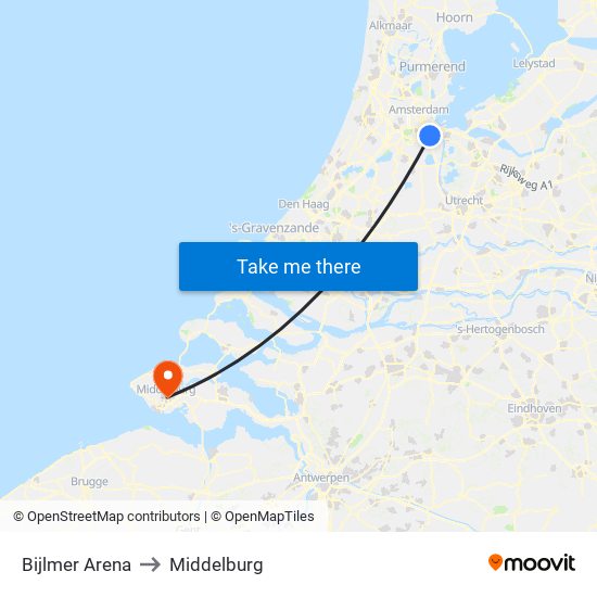 Bijlmer Arena to Middelburg map