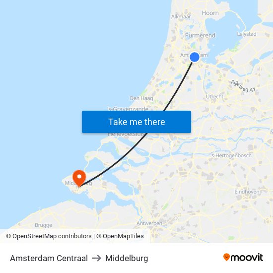 Amsterdam Centraal to Middelburg map