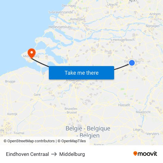Eindhoven Centraal to Middelburg map