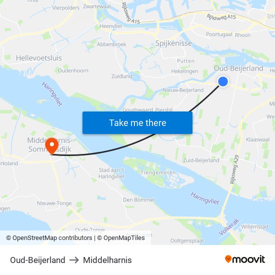 Oud-Beijerland to Middelharnis map