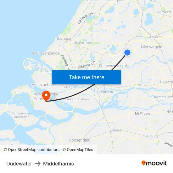 Oudewater to Middelharnis map