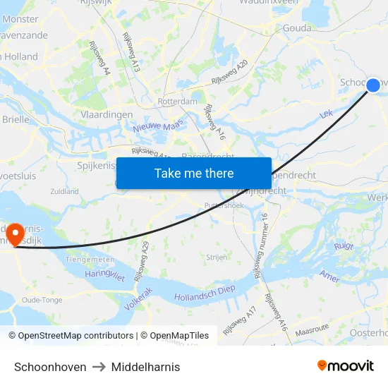 Schoonhoven to Middelharnis map
