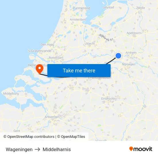 Wageningen to Middelharnis map