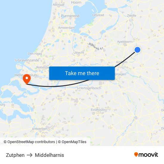 Zutphen to Middelharnis map