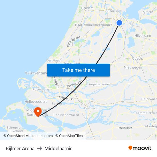 Bijlmer Arena to Middelharnis map