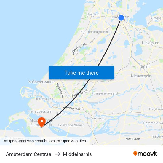 Amsterdam Centraal to Middelharnis map