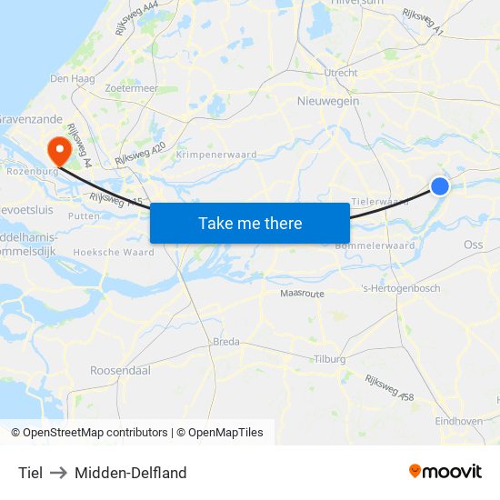 Tiel to Midden-Delfland map